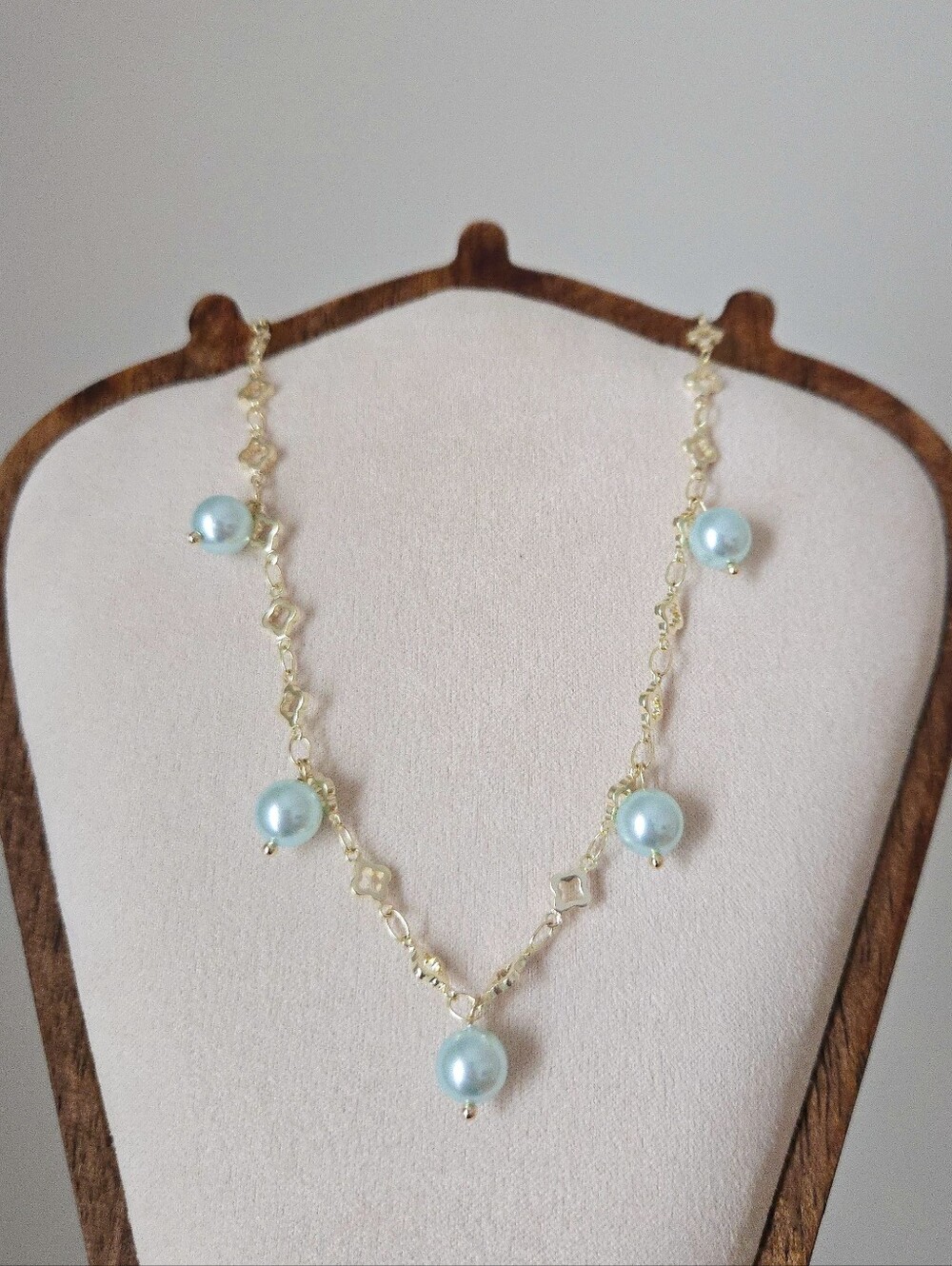 Gold Clover Chain Necklace with Light Blue Pearl Drops